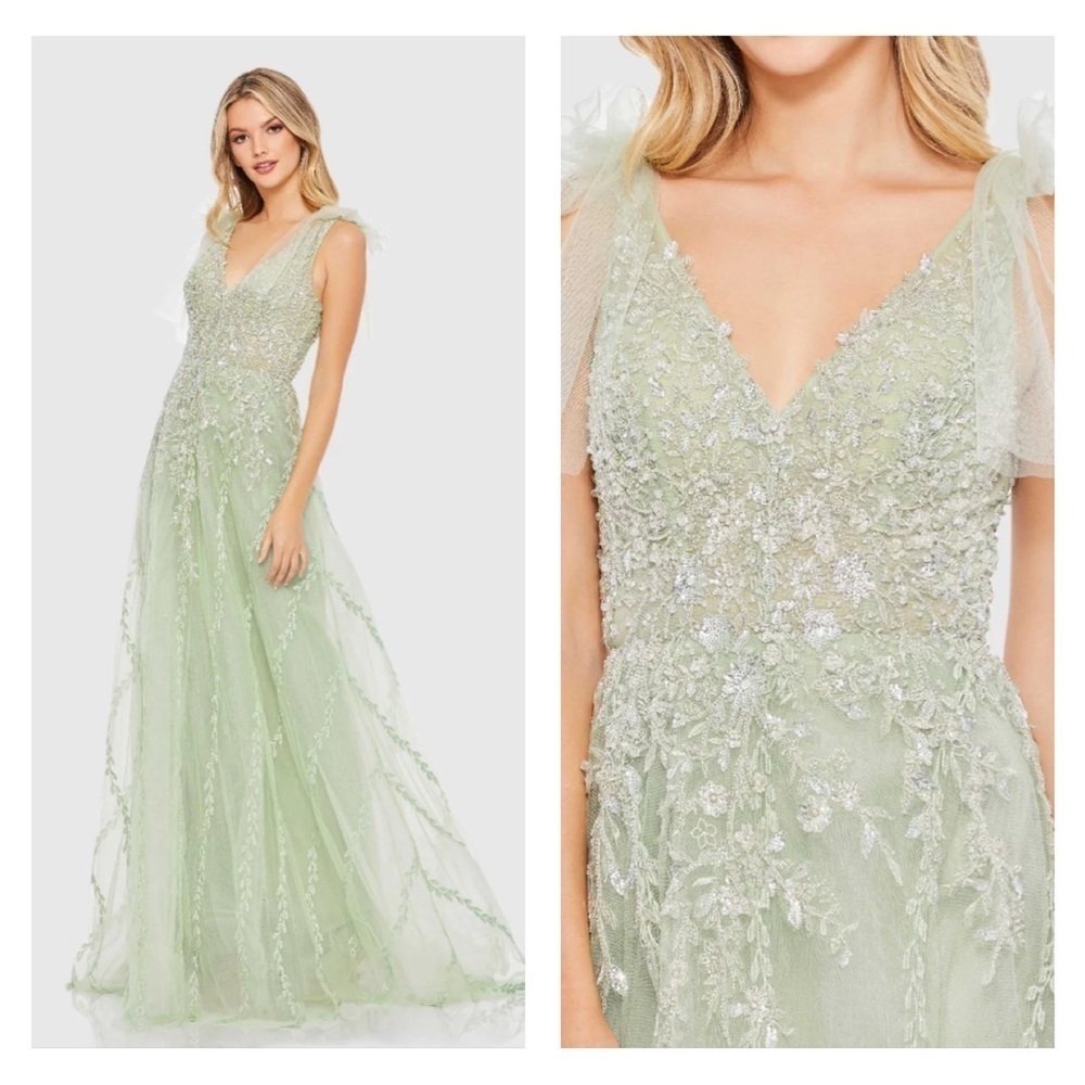Mac Duggal 20313 NWT Embellished Soft Tie Sleeveless V Neck Gown